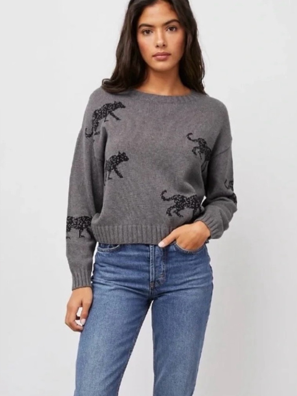 Rails Perci Ash Jungle Cat Sweater Cotton Cashmere Gray S Small Graphic Knit